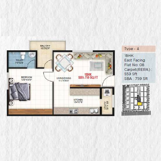 Floor plan of 1 BHK 759 Sq. Ft. Apartment in Hoysala Green View, Bangalore