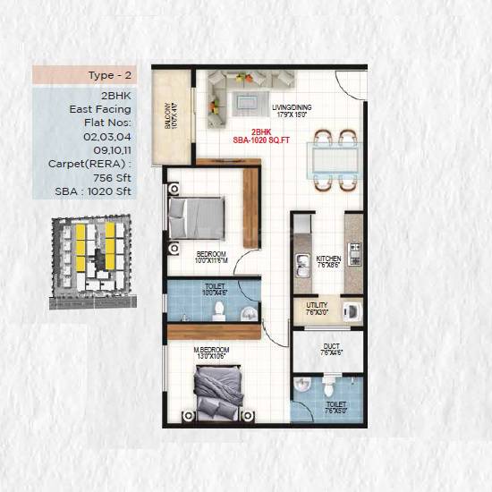 Floor plan of 2 BHK 1020 Sq. Ft. Apartment in Hoysala Green View, Bangalore