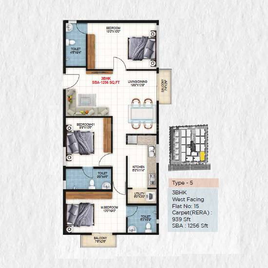 Floor plan of 3 BHK 1256 Sq. Ft. Apartment in Hoysala Green View, Bangalore