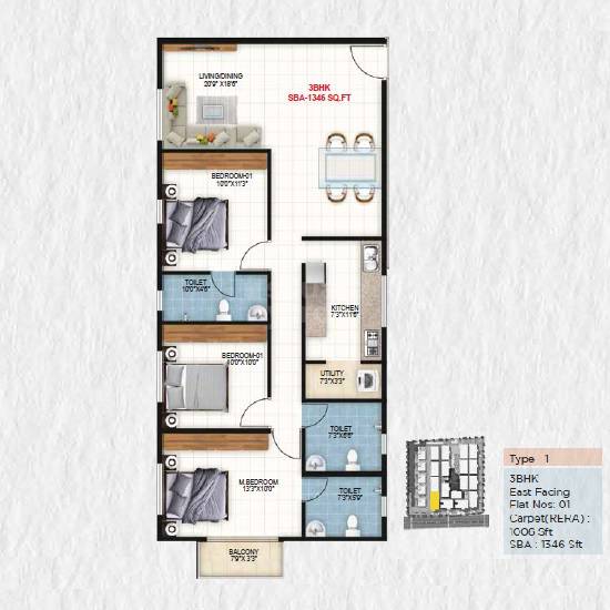 Floor plan of 3 BHK 1346 Sq. Ft. Apartment in Hoysala Green View, Bangalore