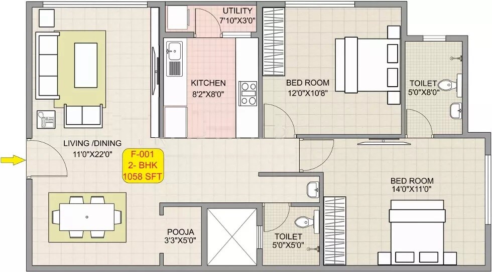 Floor plan of 2 BHK 1058 Sq. Ft. Apartment in Hoysala Habitat, Bangalore