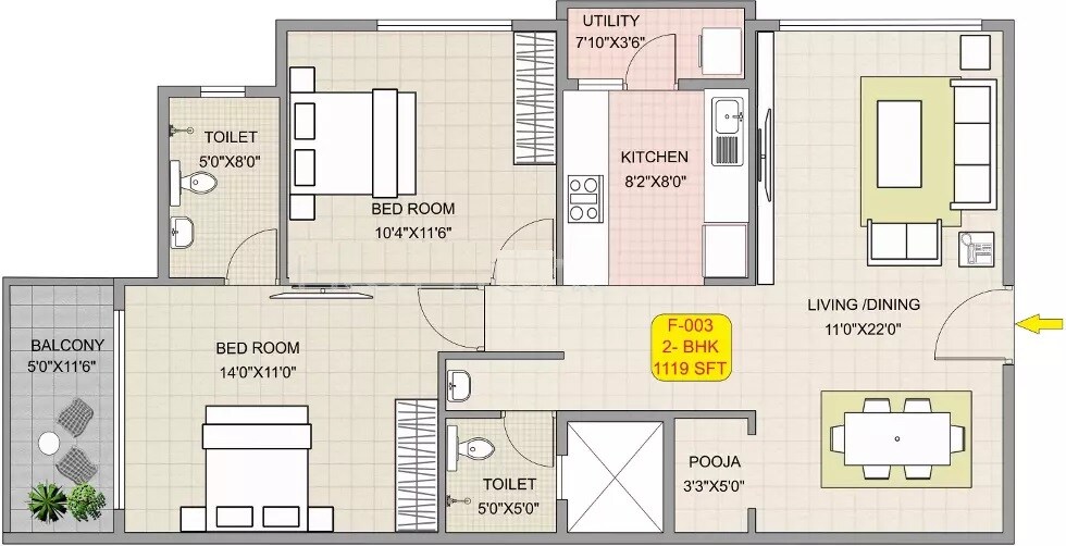 Floor plan of 2 BHK 1119 Sq. Ft. Apartment in Hoysala Habitat, Bangalore