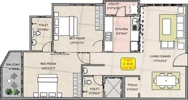 Floor plan of 2 BHK 1133 Sq. Ft. Apartment in Hoysala Habitat, Bangalore