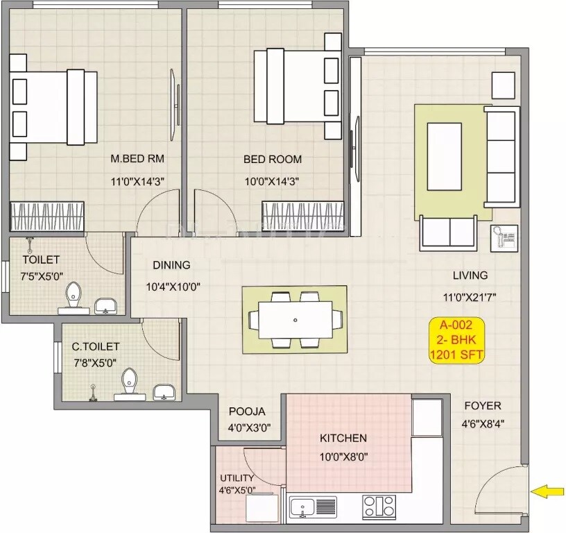 Floor plan of 2 BHK 1201 Sq. Ft. Apartment in Hoysala Habitat, Bangalore