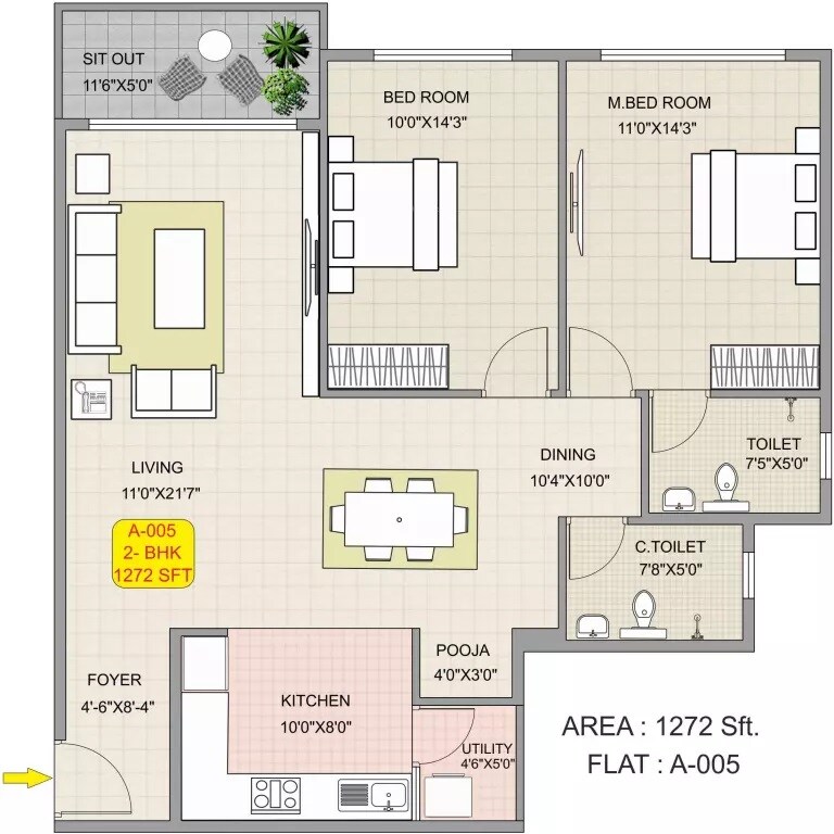 Floor plan of 2 BHK 1272 Sq. Ft. Apartment in Hoysala Habitat, Bangalore