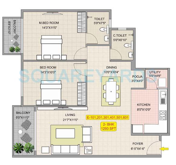Floor plan of 2 BHK 1293 Sq. Ft. Apartment in Hoysala Habitat, Bangalore
