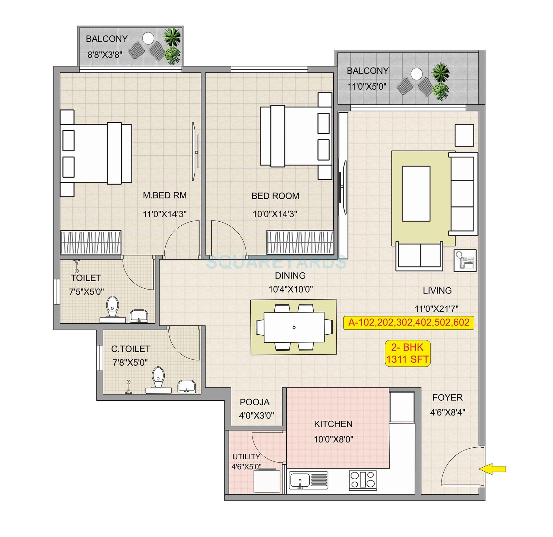Floor plan of 2 BHK 1311 Sq. Ft. Apartment in Hoysala Habitat, Bangalore