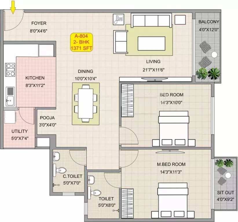 Floor plan of 2 BHK 1371 Sq. Ft. Apartment in Hoysala Habitat, Bangalore