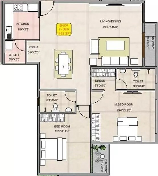 Floor plan of 2 BHK 1452 Sq. Ft. Apartment in Hoysala Habitat, Bangalore