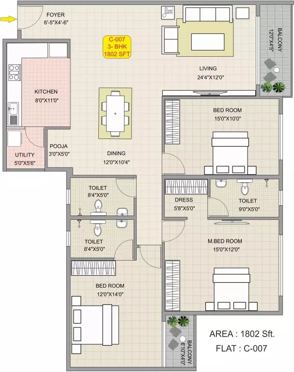 Floor plan of 3 BHK 1802 Sq. Ft. Apartment in Hoysala Habitat, Bangalore