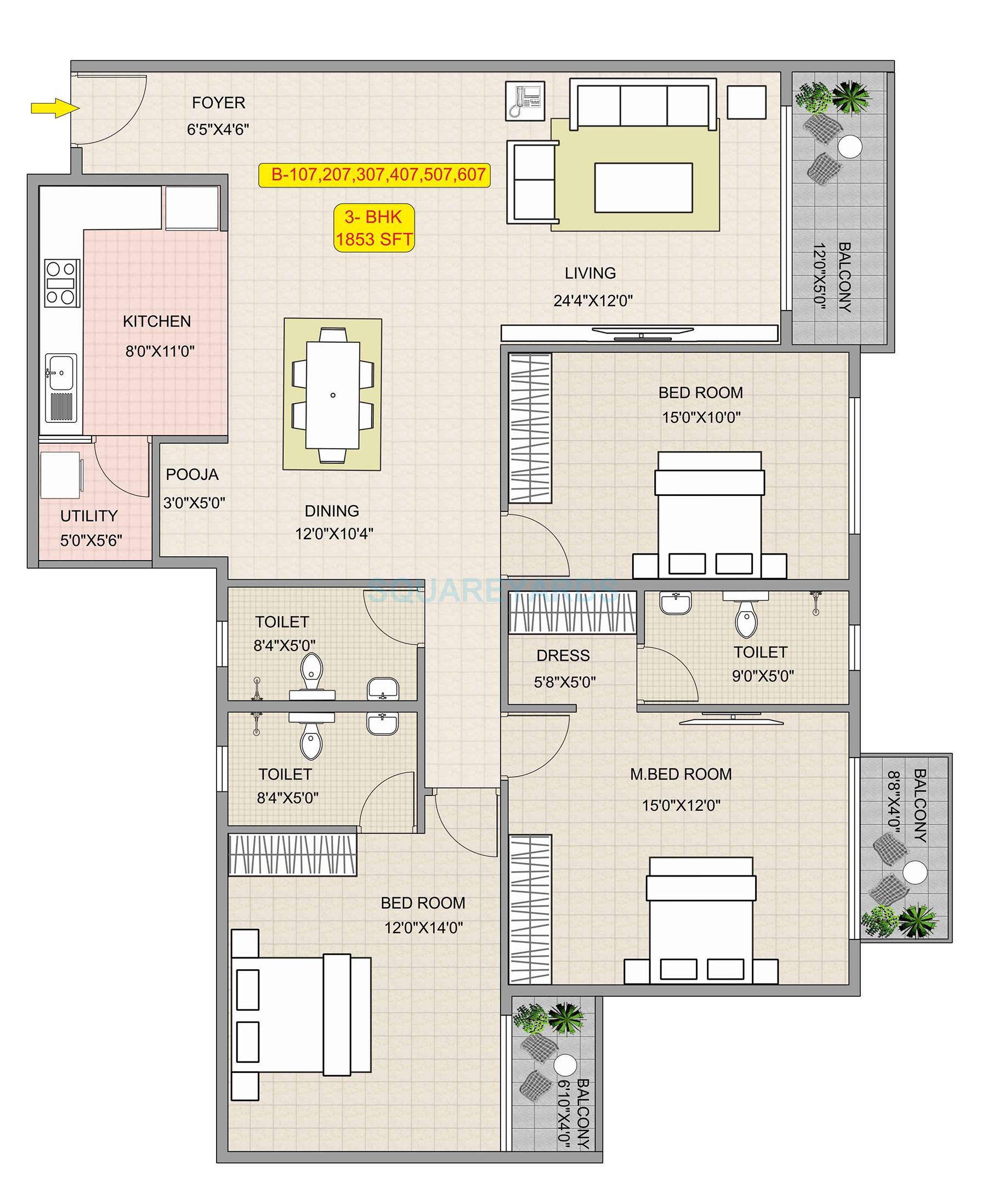 Floor plan of 3 BHK 1853 Sq. Ft. Apartment in Hoysala Habitat, Bangalore