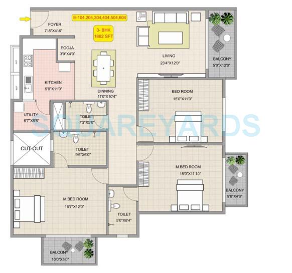 Floor plan of 3 BHK 1862 Sq. Ft. Apartment in Hoysala Habitat, Bangalore