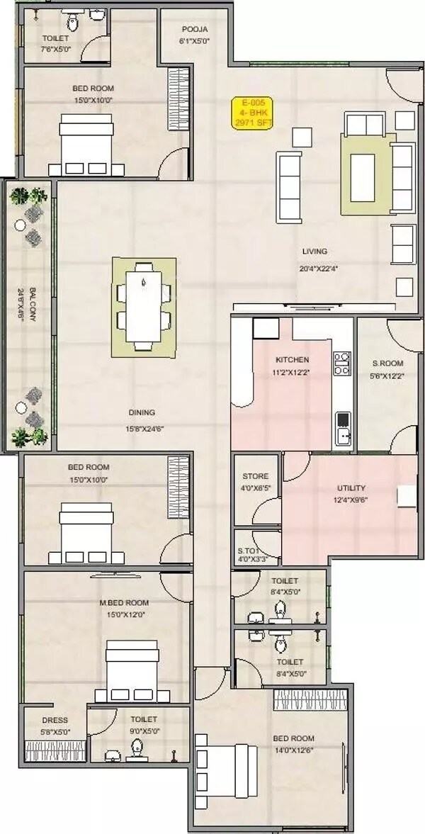 Floor plan of 4 BHK 2971 Sq. Ft. Apartment in Hoysala Habitat, Bangalore