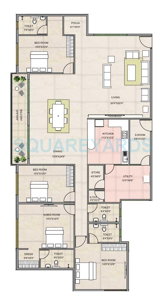 Floor plan of 4 BHK 3164 Sq. Ft. Apartment in Hoysala Habitat, Bangalore