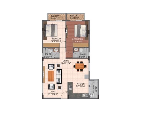 Floor plan of 2 BHK 1171 Sq. Ft. Apartment in Hoysala Hallmark Lalith, Bangalore