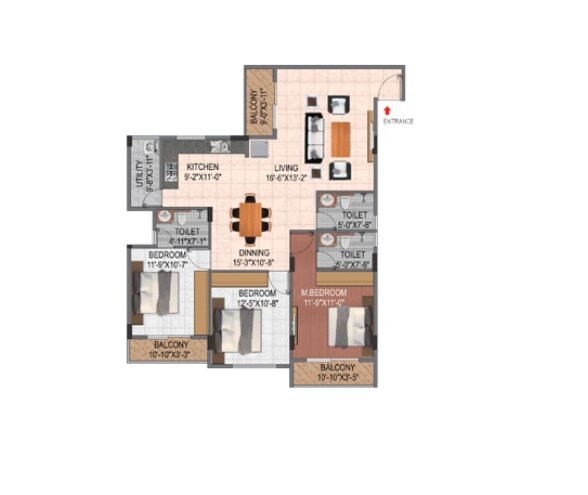 Floor plan of 3 BHK 1470 Sq. Ft. Apartment in Hoysala Hallmark Lalith, Bangalore