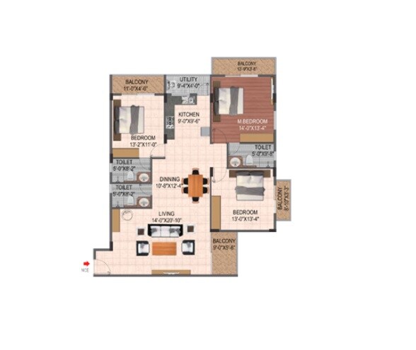 Floor plan of 3 BHK 1803 Sq. Ft. Apartment in Hoysala Hallmark Lalith, Bangalore