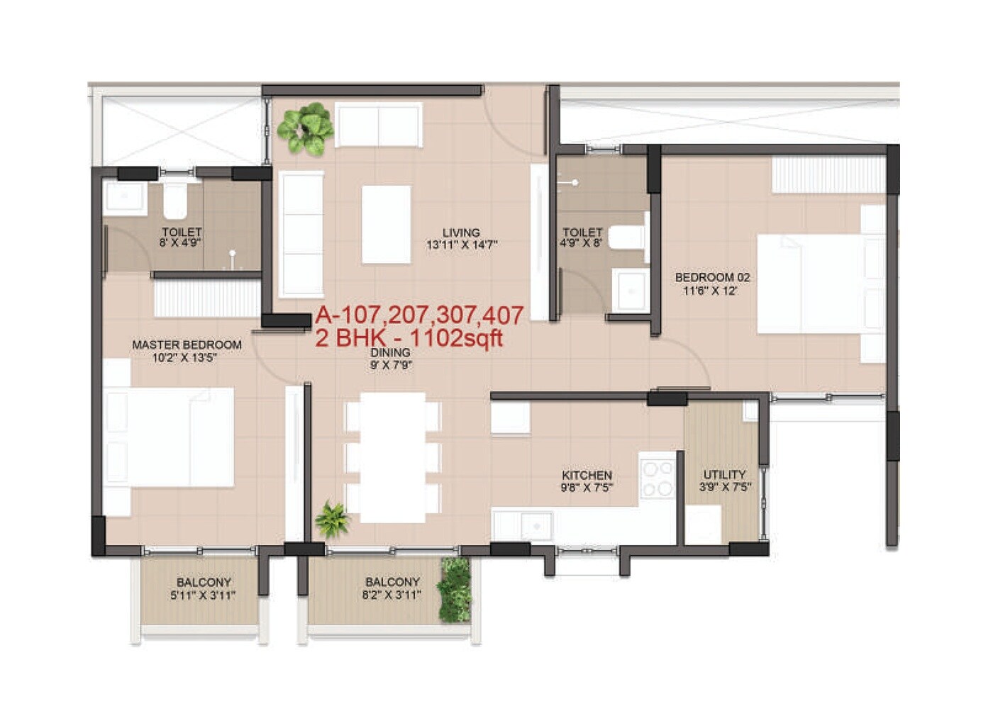 Floor plan of 2 BHK 1102 Sq. Ft. Apartment in Hoysala Vemana, Bangalore