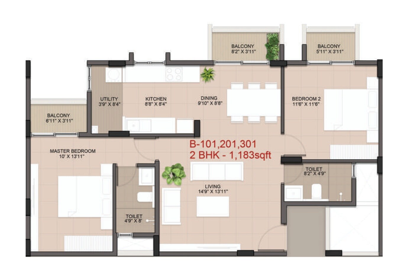 Floor plan of 2 BHK 1183 Sq. Ft. Apartment in Hoysala Vemana, Bangalore