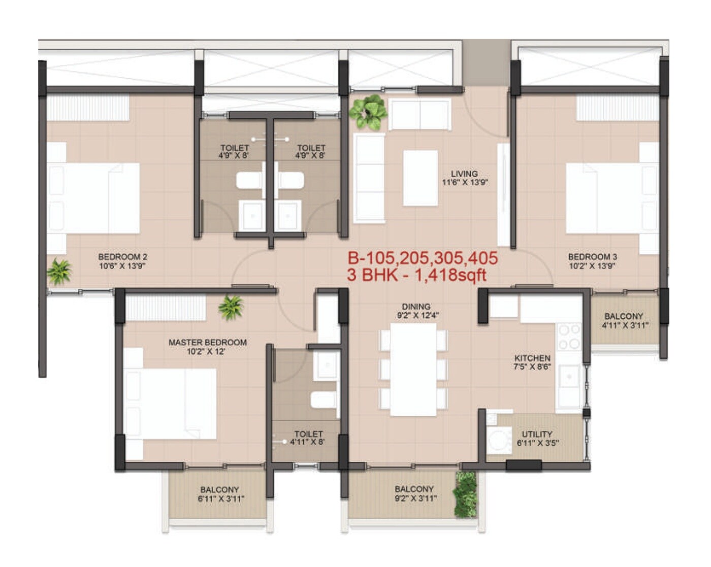 Floor plan of 3 BHK 1418 Sq. Ft. Apartment in Hoysala Vemana, Bangalore