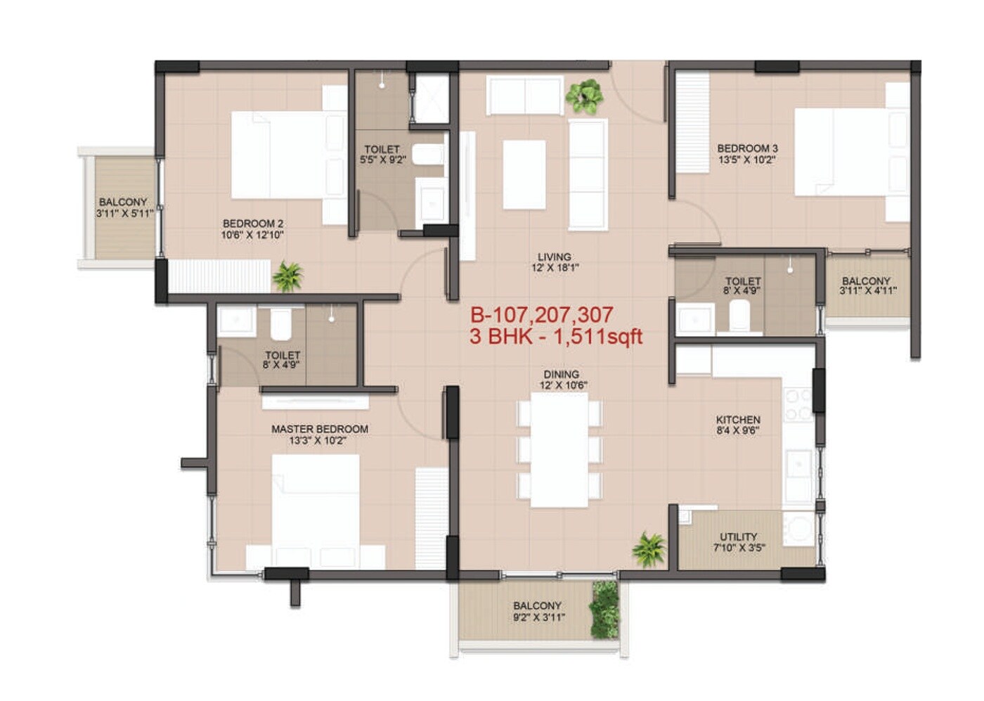 Floor plan of 3 BHK 1511 Sq. Ft. Apartment in Hoysala Vemana, Bangalore