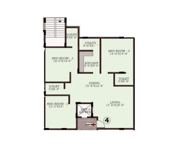 Floor plan of 3 BHK 2005 Sq. Ft. Apartment in HPR Spencer Oak, Bangalore