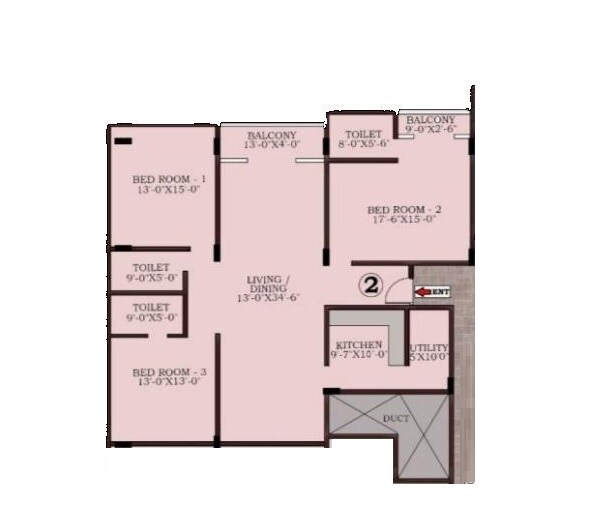 Floor plan of 3 BHK 2285 Sq. Ft. Apartment in HPR Spencer Oak, Bangalore