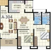 Floor plan of 2 BHK 1229 Sq. Ft. Apartment in HRC Ibbani, Bangalore