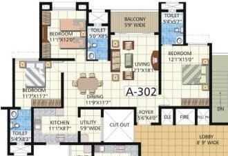 Floor plan of 3 BHK 1604 Sq. Ft. Apartment in HRC Ibbani, Bangalore