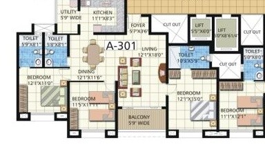 Floor plan of 3 BHK 1687 Sq. Ft. Apartment in HRC Ibbani, Bangalore