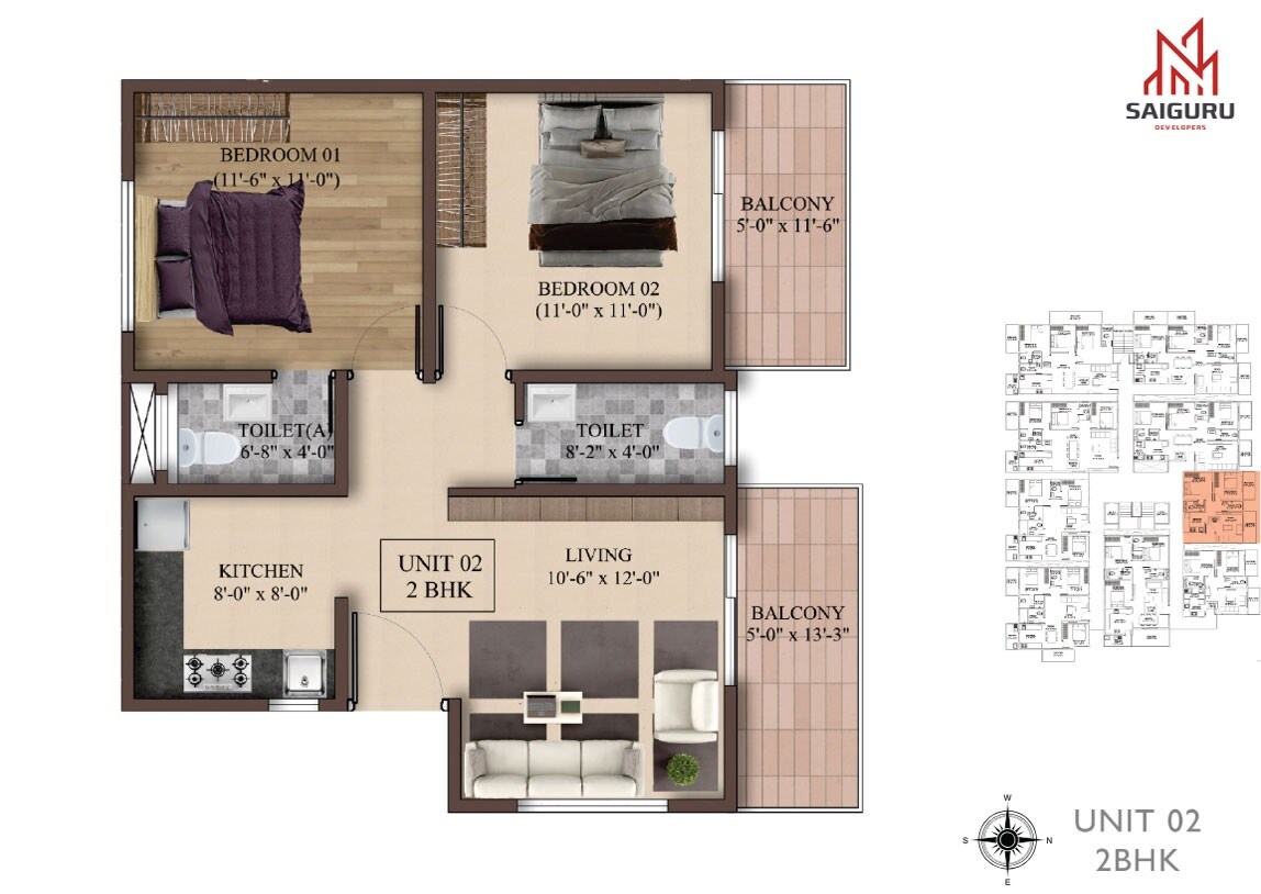 Floor plan of 2 BHK 827 Sq. Ft. Apartment in HRS Saiguru Bliss Avenue, Bangalore