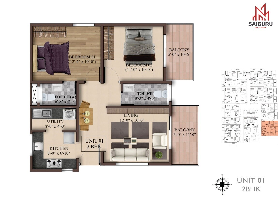 Floor plan of 2 BHK 886 Sq. Ft. Apartment in HRS Saiguru Bliss Avenue, Bangalore