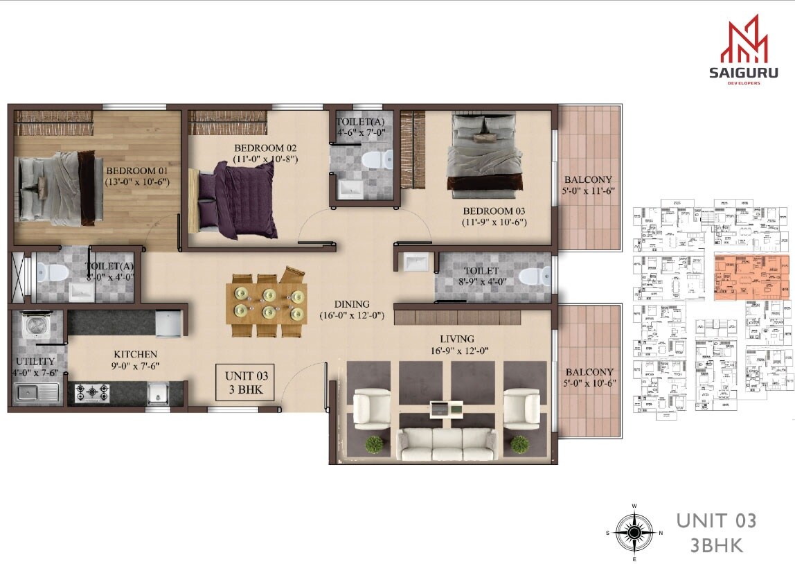 Floor plan of 3 BHK 1254 Sq. Ft. Apartment in HRS Saiguru Bliss Avenue, Bangalore