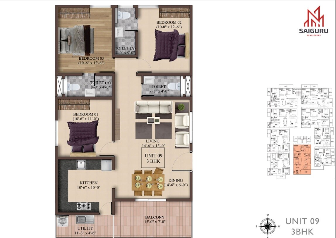 Floor plan of 3 BHK 1444 Sq. Ft. Apartment in HRS Saiguru Bliss Avenue, Bangalore