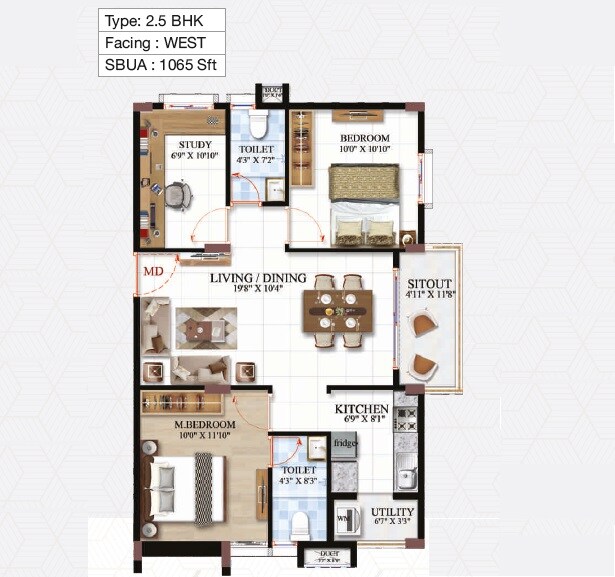 Floor plan of 2 BHK 1065 Sq. Ft. Apartment in HSK Urban Living, Bangalore