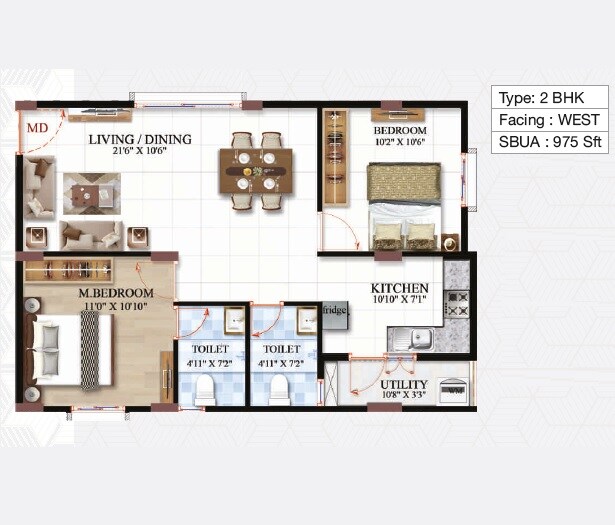 Floor plan of 2 BHK 975 Sq. Ft. Apartment in HSK Urban Living, Bangalore