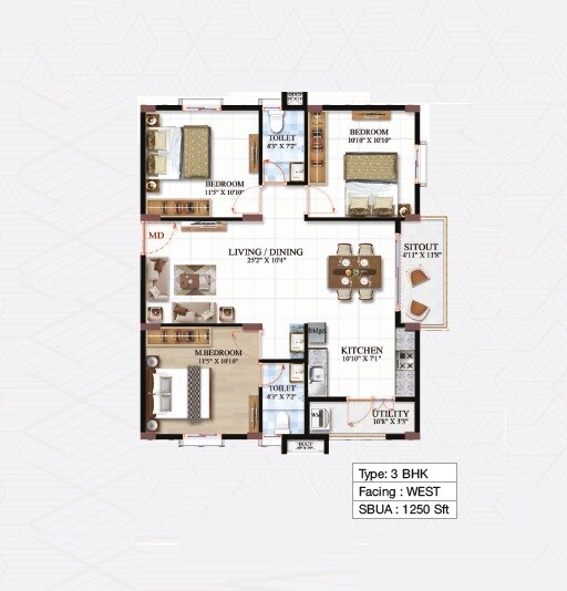 Floor plan of 3 BHK 1250 Sq. Ft. Apartment in HSK Urban Living, Bangalore
