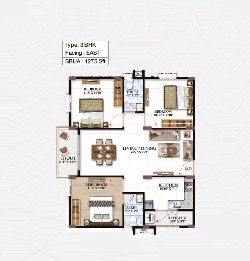 Floor plan of 3 BHK 1275 Sq. Ft. Apartment in HSK Urban Living, Bangalore