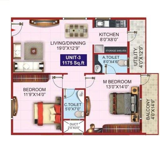 Floor plan of 2 BHK 1175 Sq. Ft. Apartment in HSV Padmalaya Residency, Bangalore