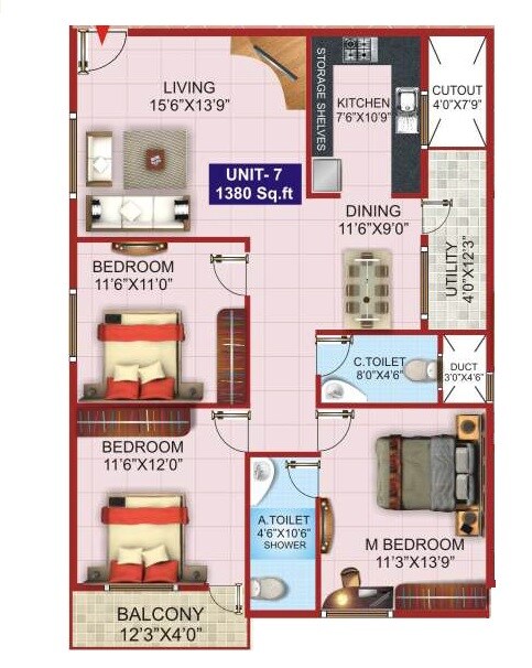 Floor plan of 3 BHK 1380 Sq. Ft. Apartment in HSV Padmalaya Residency, Bangalore