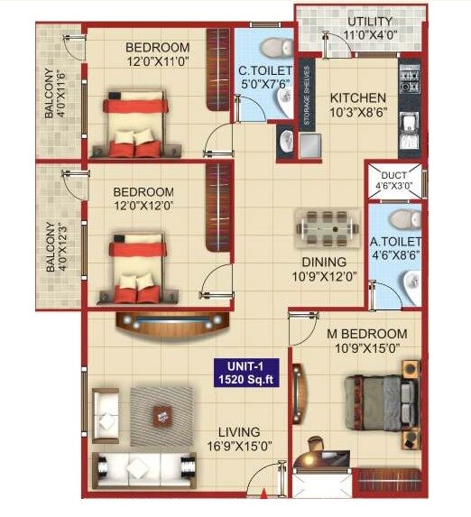 Floor plan of 3 BHK 1520 Sq. Ft. Apartment in HSV Padmalaya Residency, Bangalore