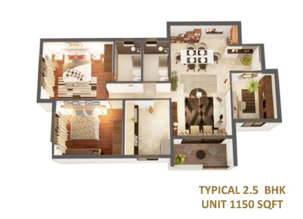 Floor plan of 2 BHK 1150 Sq. Ft. Apartment in Hydenben Clifton, Bangalore