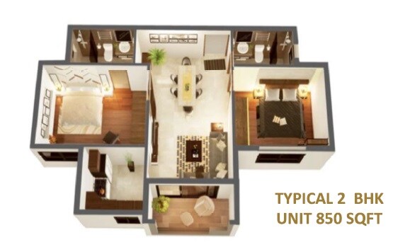 Floor plan of 2 BHK 850 Sq. Ft. Apartment in Hydenben Clifton, Bangalore