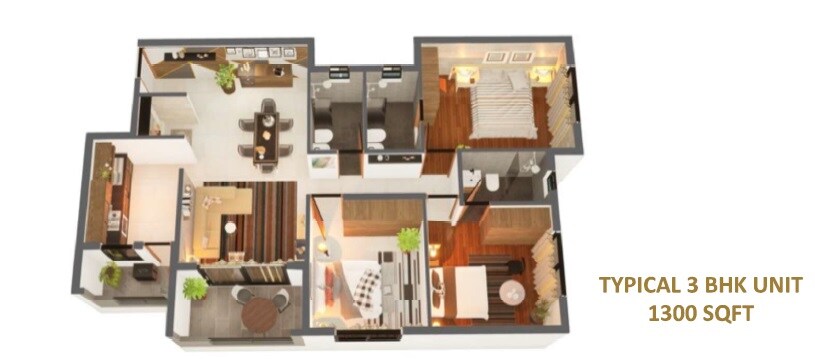 Floor plan of 3 BHK 1300 Sq. Ft. Apartment in Hydenben Clifton, Bangalore