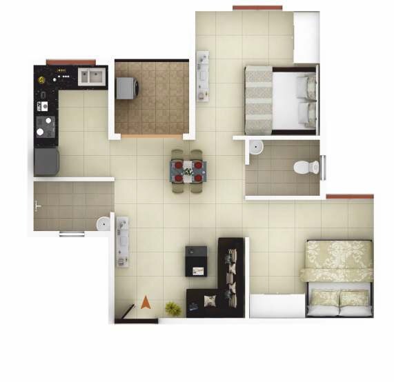 Floor plan of 2 BHK 674 Sq. Ft. Apartment in Icon Happy Living, Bangalore