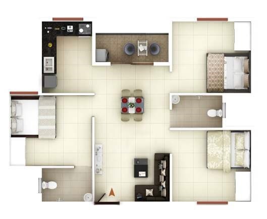 Floor plan of 3 BHK 1000 Sq. Ft. Apartment in Icon Happy Living, Bangalore