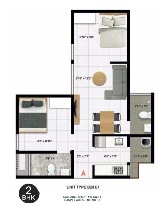 Floor plan of 2 BHK 463 Sq. Ft. Apartment in Icon Homz Iconest 3, Bangalore
