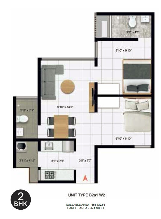 Floor plan of 2 BHK 474 Sq. Ft. Apartment in Icon Homz Iconest 3, Bangalore