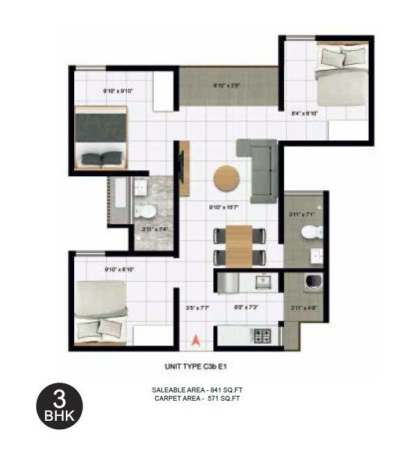 Floor plan of 3 BHK 571 Sq. Ft. Apartment in Icon Homz Iconest 3, Bangalore