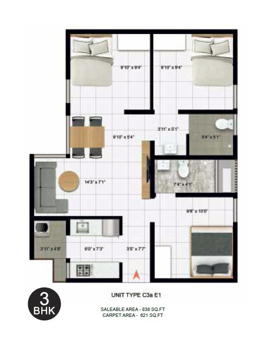 Floor plan of 3 BHK 621 Sq. Ft. Apartment in Icon Homz Iconest 3, Bangalore